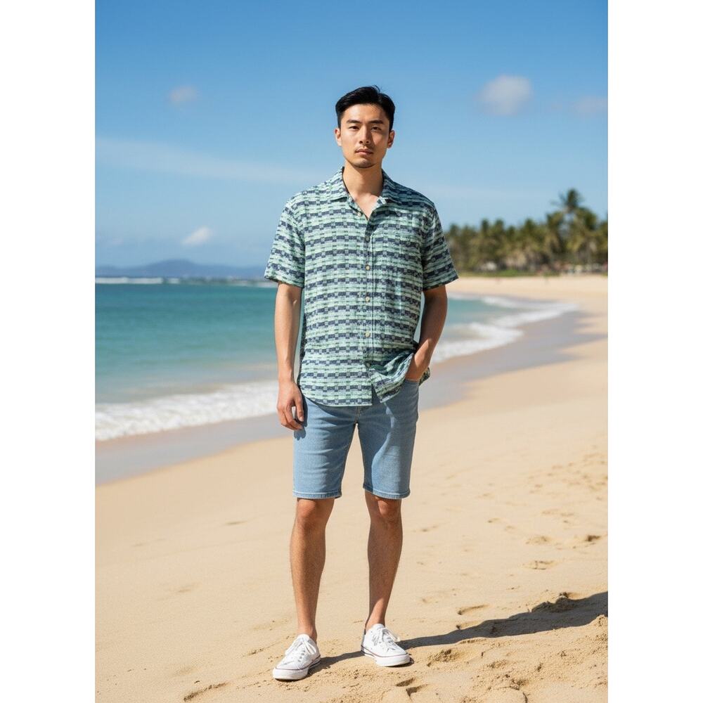Ben Sherman Men's Linen Blend Check Twill Button Down Shirt Blue Size M  NWT